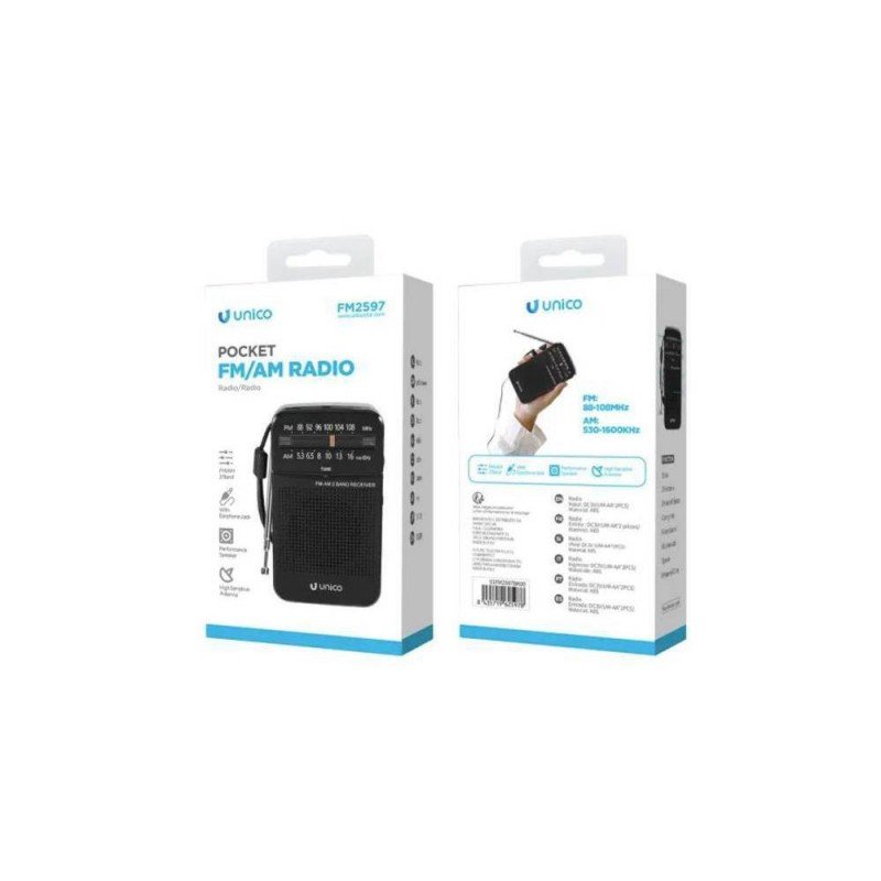 RADIO TRANSISTOR PORTATIL UNICO FM2597 - DC3V (AAx2) NEGRO VERTICAL